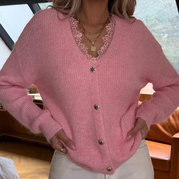 Pink Casual Women's V Neck Cardigan with Lace Trim - Picture 3 of 8